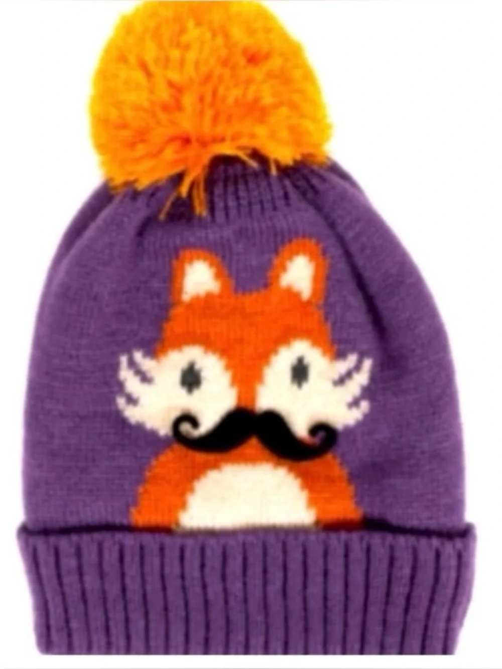 NWT Kids Purple Fox Pom-Pom Knitted Faux Fur Lining Beanie Hat